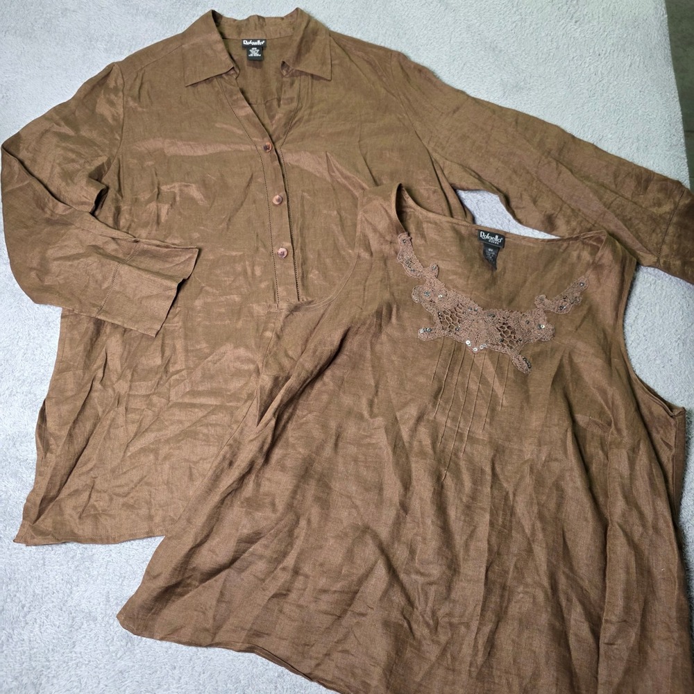 Rafaella Woman 18W 2pc Set Shirt Tank Brown 100% Linen Lace Sequin Hemstitch VTG